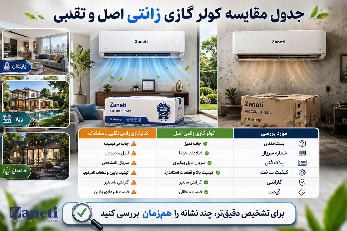 جدول مقایسه کولر گازی زانتی اصل و تقلبی