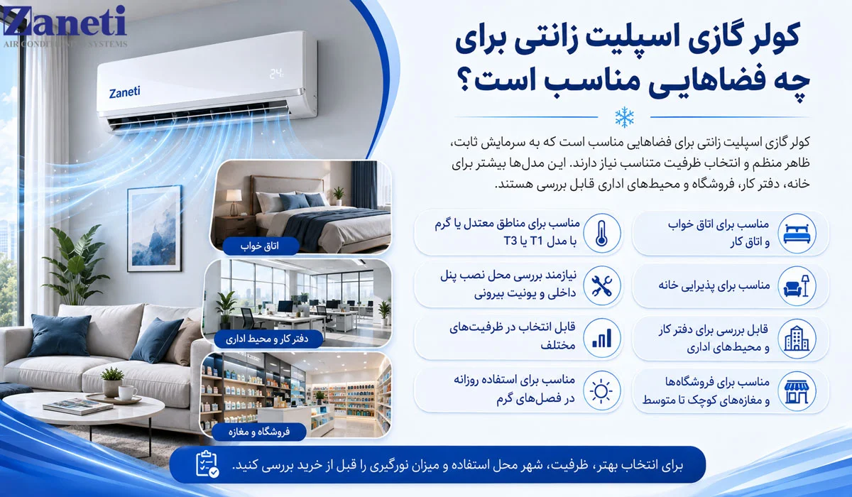 کولر گازی اسپلیت زانتی برای چه فضاهایی مناسب است